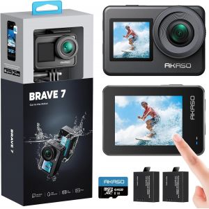 Mevronisshop-Brave 7 Cam&eacute;ra Sport 4k Avec Carte M&eacute;moire De 64go - Action Cam Ipx 8 Etanche Deux &Eacute;crans Tactile 20mp Cam&eacute;ra D`Action, Eis 2.0 Grand Angle Zoom Avec T&eacute;l&eacute;commande Et 2 Batteries 1350mah - Neuf