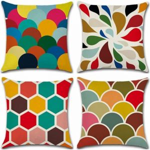 4 Pcs Housses De Coussin 45 X 45 Cm, Carré Décoratif Taie D'oreiller Canapé Housse Coussin Coloré Imprimé Motif Coloré Géométrique Mingon Coton Lin Décoration Maison Pour Chambre Salon Bureau - Neuf