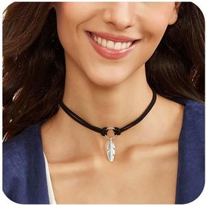 Kal-Collier Ras Du Cou Boho En Velours Noir Collier Pendentif Plume Argent Collier Ras Du Cou Gothique Collier Ras Du Cou En Cuir Chaîne En Daim Empilé Collier Ras Du Cou Plume Bijoux Pour Femmes - Neuf
