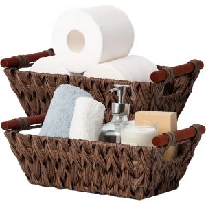 Paniers Rangement Osier,Lot De 2 Paniers Et Boîtes De Rangement Avec Poignées En Bois,Paniers De Décoration,Panier Osier Rectangulaire,Panier Rangement Salle De Bain,Marron - Neuf