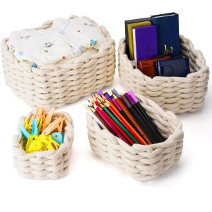 Jexnovashop-Lot De 4 Panier Rangement Tissé En Corde Coton - Panier Rangement Bébé - Paniers De Décoration - Rangement Pour Cuisine, Salle De Bain, Chambre À Coucher¿Blanc - Neuf