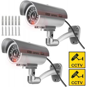 KALANKA-Lot de 2 cam&eacute;ras factices : cam&eacute;ra de surveillance ext&eacute;rieure avec lumi&egrave;re LED rouge clignotante, cam&eacute;ra de surveillance factice, cam&eacute;ra factice de s&eacute;curit&eacute; pour int&eacute;rieur et ext&eacute;rieur, Argen - Neuf