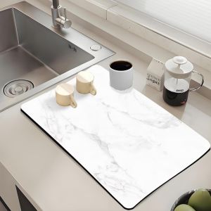 Kalanka-Tapis Egouttoir Vaisselle Absorbant 30 X 40cm,Tapis Machine A Cafe,Tapis Antidérapant Auto Sechant,Egouttoir Séchage Rapide,Tapis De Séchage À Vaisselle Pour Cuisine,Évier(Marbre Blanc) - Neuf
