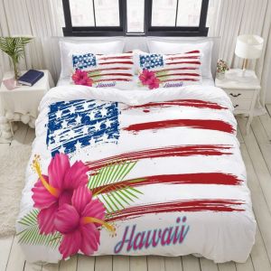 Housse De Couette Xcm - Hawa? Drapeau Rose Fleurs D'hibiscus Sur Grunge Usa Drapeau - Parure De Lit Personnes Pi&iquest;&iquest;Ces Sets De Housse Couette Avec Taies D'oreiller Xcm - Neuf
