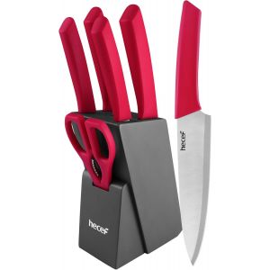 Set Couteau Cuisine,7 Pièces Couteaux De Cuisine Avec Bloc En Bois Et Ciseaux Lame En Acier Inoxydable Et Poignée Ergonomique,Couteau Cuisine Professionnelle Pour Hacher,Trancher (Rouge) - Neuf