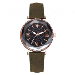 Montre-Bracelet A Quartz Pour Femme, Bracelet En Pu, Chiffres Romains, Cadran Rond, Vert - Neuf