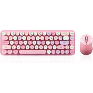 Periduo-802Pk Bluetooth Mini Clavier Et Souris Combo - R&eacute;tro Round Key Caps - Rose Pastel - Anglais Am&eacute;ricain - Neuf