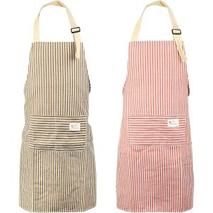 Loranka-2 Pcstablier De Cuisine Femme Homme, Tablier Cuisine Femme Homme, Tablier &Agrave; Bavette Ajustable Avec 2 Poches Pour Maison, P&acirc;tisserie, Restaurant Et Nettoyage M&eacute;nager (Rouge, Marron) - Neuf