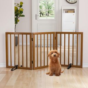 Yemaesre-Barrière Et Barrière D'intérieur En Bois De Bambou Pour Chien, Portail Autoportante À 3 Panneaux Pour La Maison Avec 2 Supports Métalliques, Barrière Pliable Pour Animaux De Compagnie De - Neuf