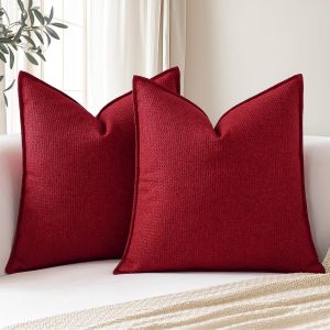 CAUC-Lot de 2 housses de coussin d&eacute;coratives &agrave; carreaux doux avec bords cousus de style boh&egrave;me et rustique pour canap&eacute;, terrasse, chambre &agrave; coucher, salon (rouge) - Neuf