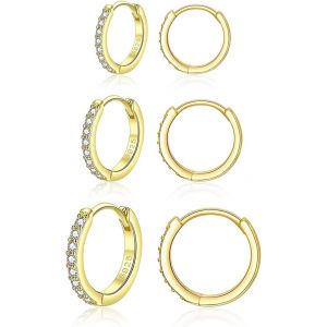 Kal-Boucles D'oreilles Créoles Pour Femme Fille En Argent Fin 925 Avec Zircone Cubique Ensemble De Petite Creole/Anneau Unisexe Hypoallergénique Cartilage Huggies Set, Diamètre 10, 12, 14mm - Neuf