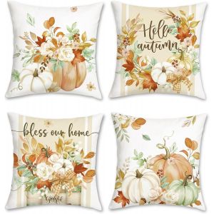 Slep-Housse De Coussin Citrouille Automne 45 X 45 Cm Couronne Feuille &Eacute;rable Floral D&eacute;coratif Taie D'oreiller Pour Canap&eacute; Salon Chambre Chaise Jardin Maison D&eacute;coration 4 Pi&egrave;ces - Neuf