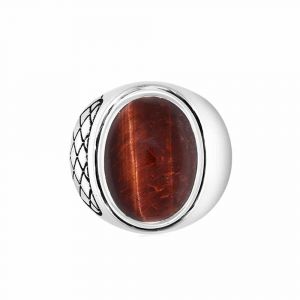 Bague Homme ?Il De Tigre Rouge Asym&eacute;trique Argent - Neuf