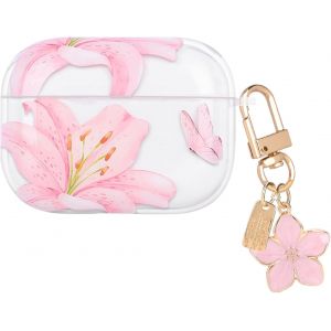 LORANKA-Housse Compatible Con AirPods Pro/Pro 2 avec Pendentif, Coque avec Joli Motif de Fleur Lys Rose pour Femmes, &Eacute;tui Protection en TPU Transparente Anti-poussi&egrave;re Anti-Choc - Neuf