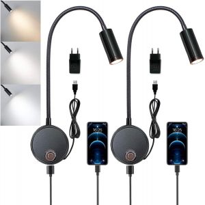 Lampe de Lecture Murale, Liseuse de Chevet LED Dimmable avec Interrupteur Tactile et Port de Chargement USB Lumière Réglable 3000k-6000k Applique Col de Cygne Flexible pour Chambre avec Chargeur USB - Neuf