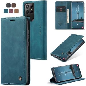 Maa-Coque Samsung S21 Ultra Housse Antichoc En Cuir Pu Premium Fentes Cartes Etui Pochette De Portefeuille Avec Fonction Support Case À Rabat Housse Pour Samsung Galaxy S21 Ultra 5g - Bleu Vert - Neuf