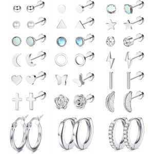 Kal-21pairs Petits Boucles D'oreilles Femmes Acier Chirurgical Cartilage Hélice Boucles D'oreilles Hypoallergénique Étoile Lune Zirconium Flatback Boucles D'oreilles Créoles Piercing Ensemble - Neuf