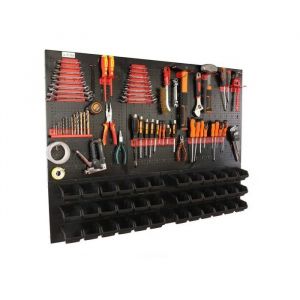 botle&reg; Panneau perfor&eacute; m&eacute;tallique, bacs empilables + &eacute;tag&egrave;re murale + porte-outils, ensemble 63 pi&egrave;ces, avec 36 bacs noirs - Neuf