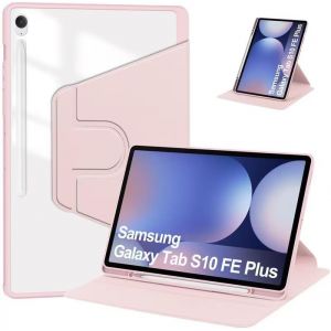 Couvercle Rotatif Coque pour Samsumg Galaxy Tab S10 Fe Plus/S10 Fe + 13,1 Pouces avec Porte-Stylo S,Support de Protection Rotatif à 360 degrés Arrière Transparent (Rose) - Neuf