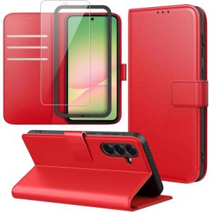 AEFJ-Coque Portefeuille Compatible avec Samsung Galaxy A56 5G avec 1 Pi&egrave;ce Protection &Eacute;cran en Verre Tremp&eacute; et 1 Pi&egrave;ce Outil D'installation Simple, PU Cuir Housse, Support et &agrave; rabat Flip &Eacute;tui - Roug - Neuf