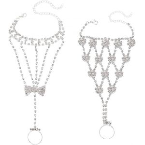Eryi-2 Pcs Bagues Bracelet Pour Femmes Bracelet De Doigt En Cristal Scintillant Avec Anneau Léger Pour Bracelets De Doigt De Cocktail Argent Réglable Chaîne De Célébrité Bracelet À Gland Bague - Neuf