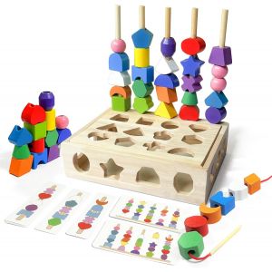 ERYI-Jeux Montessori 2 3 4 Ans, Jouet Enfant 2 En 1 Pédagogique Empilable Jouet Y Assortis Aux Formes Jouets, Enfiler Perles Jouet En Bois D'Activité Et De Développement, Cadeau Garçons Et Filles - Neuf