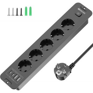 5 places Multiprise prise de courant encastr&eacute; avec USB, multiprise &agrave; encastrer de table avec 2 USB C et c&acirc;ble de 2 m pour meubles de travail, noir - Neuf