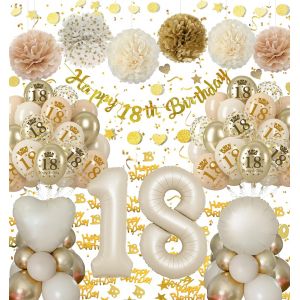 TRAHOO-Decoration Anniversaire 18 Ans Fille Garçon, Beige Or Ballon Anniversaire 18 Ans, Bannière Joyeux Anniversaire Ballon 18 Ans PomPoms en Papier Deco Anniversaire 18 pour Femmes - Neuf