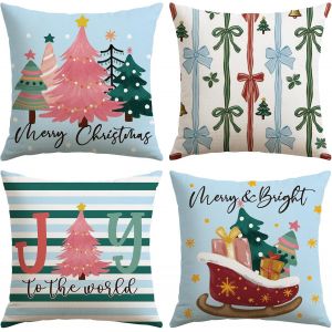 CAUC-Lot de 4 housses de coussin de No&euml;l bleues - 40 x 40 cm - D&eacute;coration de No&euml;l - Motif sapin de No&euml;l (arbre de No&euml;l) - Neuf