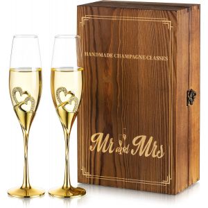 Mevronisshop-Cristal Fl&ucirc;tes &Agrave; Champagne Mariage : Ensemble De 2 Verres &Agrave; Champagne Dor&eacute;s Avec Bo&icirc;te-Cadeau Bois Paire Verres Prosecco Couples Mari&eacute;s Fian&ccedil;ailles Anniversaires Les Vie Jeune Fille - Neuf
