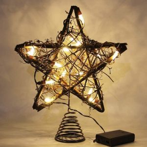 Étoile de Noël Arbre en Bois, la Lumière LED de Décoration de l'Arbre de Noël Vintage en Rotin, Lampe à LED avec Spirale de Base Alimenté par une Pile Décoratifs pour la Maison de Chambre à coucher - Neuf