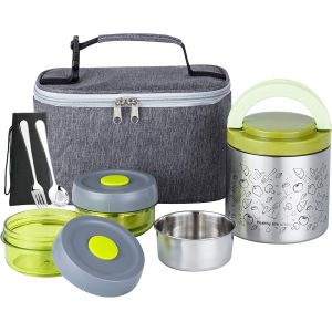 Lunch Box Set 1065ml, Boîte À Bento/Snack Isotherme Sous Vide Pour Garder Les Aliments Au Chaud, Avec 2 Récipients Alimentaires, Sac À Lunch, Ensemble De Couverts (Bleu) - Neuf