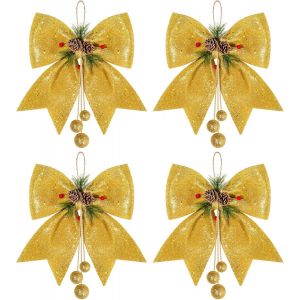 4pcs De Noël Arc, L'or Des Couronnes, Arcs , 9,8 X 11.8 Grand Paillettes Ruban N?ud Papillon, Large De Noël, Des Arcs, Couronne De Fleurs D'ornement Décoration Pour Arbre De Noël Partie Cadeau - Neuf