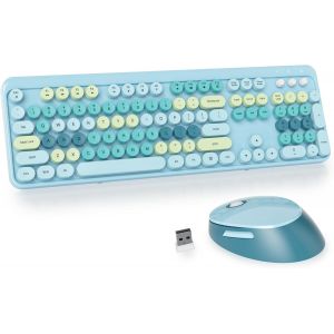 Ensemble Clavier Et Souris Sans Fil,Clavier De Machine À Écrire,2.4Ghz Clavier De Machine À Écrire À Touches Rondes Avec Pavé Numérique,Clavier De 104 Touches(Américain Qwerty)(Bear Pink) - Neuf