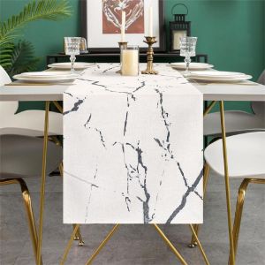 Sjzg-Chemin De Table Moderne En Lin Marbre Blanc Texture Grise Ferme Chemin De Table Rustique Pour Mariage Table &Agrave; Manger F&ecirc;te Table Basse 33x183 Cm Table Runner Printemps - Neuf