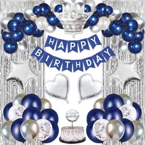 CAUC-Decoration Anniversaire Homme Gar&ccedil;on, Deco Anniversaire Bleu et Argent&eacute;, Kit Ballons Anniversaire avec Banderole Joyeux Anniversaire Ballon Confetti D&eacute;coration, Rideaux &agrave; franges - Neuf