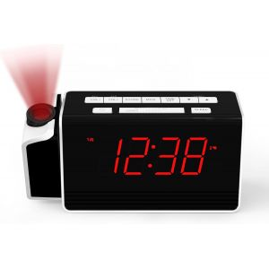 Réveil De Projection Pour Chambre À Coucher Avec Projecteur Rotatif 180 °, Radio Fm, Affichage À Led Rouge, Gradation À 4 Niveaux, Double Alarme, Répétition, 12 / 24H Cks512U - Neuf