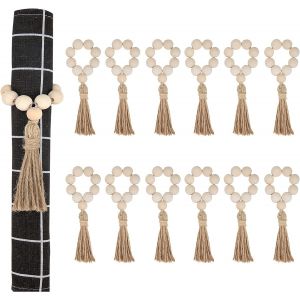 Lot de 12 ronds de serviette en bois faits main, avec pompon en corde, pour table à manger, fête, mariage, réunions de famille (jaune) - Neuf
