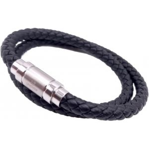 Kal-Bracelet En Cuir Tressé Noir - Bracelet Pour Homme Avec Fermeture Magnétique En Acier Inoxydable - Bracelet En Cuir Pour Homme, M - 19.5cm, Cuir Acier Inoxydable - Neuf