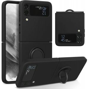 ELVORIX-Silicone Coque avec Ring pour Samsung Galaxy Z Flip 3 5G, Etui Fin Pliable et l&eacute;ger Absorption des Chocs Housse Mince avec Bague 360 Degr&eacute;s Rotation Stand Protection Cover, Noir - Neuf