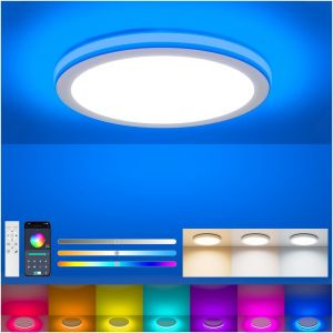 7 Colours Rgb Led Ceiling Light Dimmer 24w Ip44 With Night Light, 3000-6500k 3800lm, Ultra Thin Ø30cm, Remote Control And App Control For Living Room, Bedroom, Kitchen - Neuf
