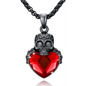 Collier T&ecirc;te De Mort En Argent Sterling 925 Avec Pendentif T&ecirc;te De Mort Noire Avec Cristal Rouge, 25 *25mm/0.98 *0.98 Zoll, Argent Sterling, Cristal - Neuf