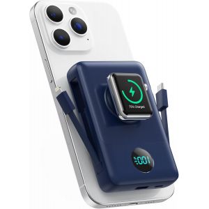 Magn&eacute;tique Batterie Externe Avec Cable Int&eacute;gr&eacute;,10800Mah Sans Fil Powerbank Pd 25W Charge Rapide Chargeur Externe Portable Avec Affichage Led Compatible Avec Magsafe/Apple Watch/Iphone 16/15/14/13/12 - Neuf