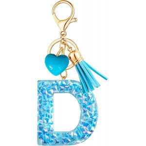 KAL-Porte-Cl&eacute;s Bleu Avec Lettre Porte-Cl&eacute;s Fille Initiale Cadeau Femmes Porte-Cl&eacute;s Coeur D&eacute;corer Pour Sac Sac &Agrave; Dos Porte-Clef Gland Or Porte-Clef Femme A-Z - Neuf