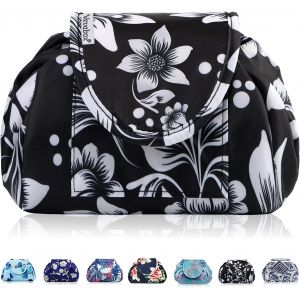 Nbgcm-Trousse Maquillage Voyage À Cordon, Trousse De Toilette Femme & Fille Pliable Étanche Avec Poche Zippée, Organisation One¿Step Pour Cosmétiques 57 Cm (Fleurs Noir) - Neuf