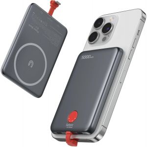 Magn&eacute;tique Batterie Externe Ultra Mince,5000mah Universel Power Bank Ultra Slim avec C&acirc;bles Int&eacute;gr&eacute;s,USB C 20W Charge Rapide,Chargeur Externe Portable pour iPhone 16 15 14 13 12 Pro Max,Samsung - Neuf