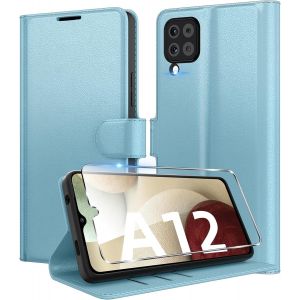 KAL-Coque Pour Samsung Galaxy A12 /M12 + 1 Verre Tremp&eacute; Protection &Eacute;cran,Housse Premium En Cuir PuFentes Pour CartesPochette De Portefeuille,Etui &Agrave; Rabat Pour Samsung A12 - Bleu - Neuf