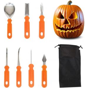 CAUC-Kit de Sculpture de Citrouille Halloween, 7 Pi&egrave;ces Outils de Sculpture en Acier Inoxydable pour Enfants et Famille, D&eacute;coration DIY Halloween - Neuf