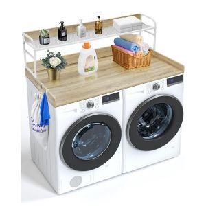 Comptoir Pour Lave-Linge Et Sèche-Linge, 137X70 Cm, Étagère À 2 Niveaux, Surface De Comptoir En Bois Avec Coussinets Antidérapants, Pour Organisation Et Rangement De La Buanderie, Couleur Chêne - Neuf