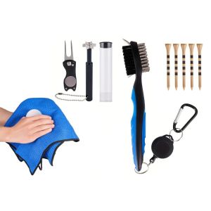 Kit De Nettoyage Pour Clubs De Golf Avec Brosse, Serviette, Aff&ucirc;teur De Rainures, Outil De R&eacute;paration De Divots Et Tees - Bleu - Neuf